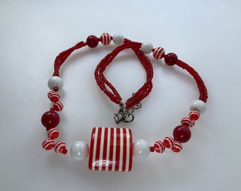 Vintage 19”-20” Necklace With Red And White Beads Used