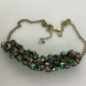Vintage 18”-21” Necklace Gold Toned With Green And Clear Rhinestones Used