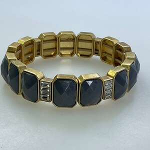 Vintage 7” Bracelet Stretchy With Gold Toned Beads Grey Clear Rhinestones Used