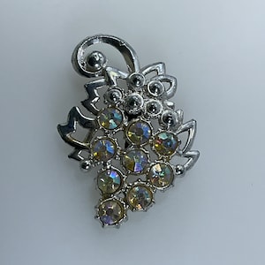 Vintage Pin Brooch Silver Toned Grape Cluster Design With AB Rhinestones Used