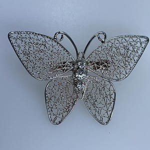 Vintage Pin Brooch Silver Toned Filigree Butterfly With Clear Rhinestones Used