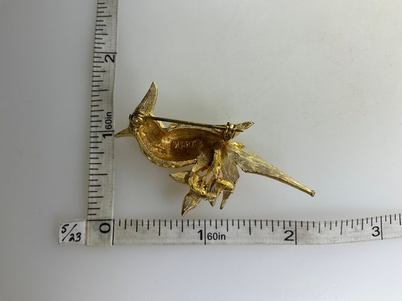 Vintage BSK Pin Brooch Gold Toned Bird With Red R… - image 2