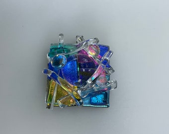 Vintage Pendant Square Dichroic Glass Clear Blue Pink Yellow Green Used