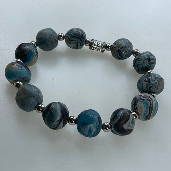 Vintage 6.5” Bracelet Stretchy With Silver Toned Blue Tan White Marbled Polymer Clay Beads Used