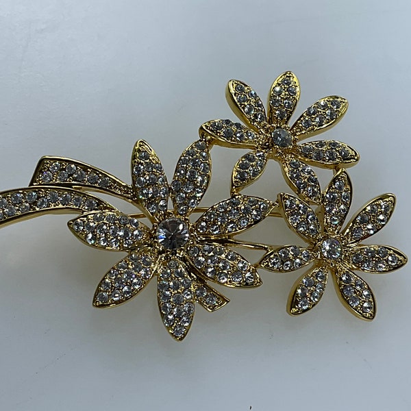 Vintage Napier Brooch Gold Toned Flowers With Clear Rhinestones Used