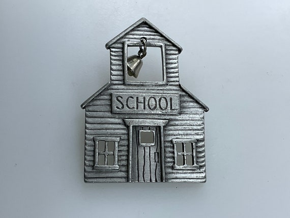 Vintage JJ Pin Brooch Pewter Toned Schoolhouse Wi… - image 1