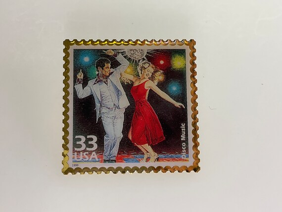 Vintage Pin Brooch Gold Toned Square Postage Stamp Design Disco Music 1999 Used