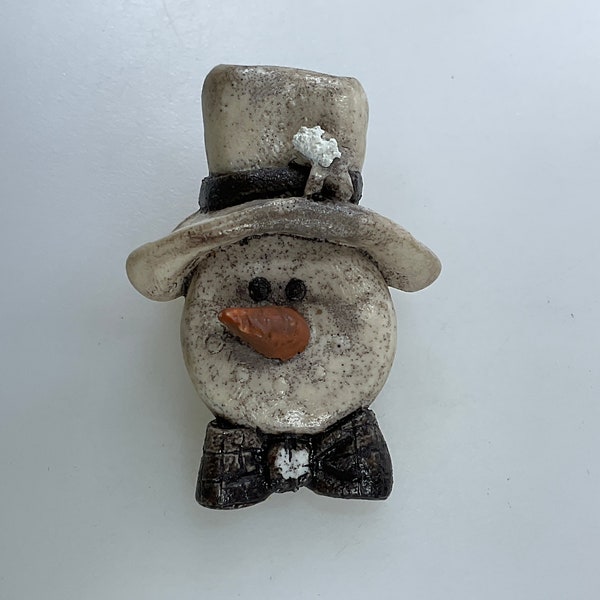 Vintage Pin Brooch Snowman In Hat With Bow Tie Dingy White Brown And Orange Used