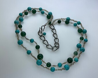 Vintage 22” Necklace With Aventurine Faux Turquoise And Clear Beads Used