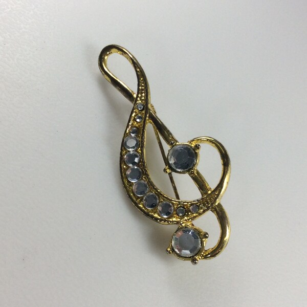 Vintage Pin Brooch Gold Toned Treble Clef Music Note With Clear Rhinestones Used