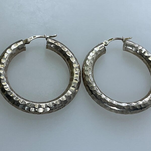 Vintage Stud Hoop Earrings Sterling Silver 925 Hammered Texture Need Cleaned Used