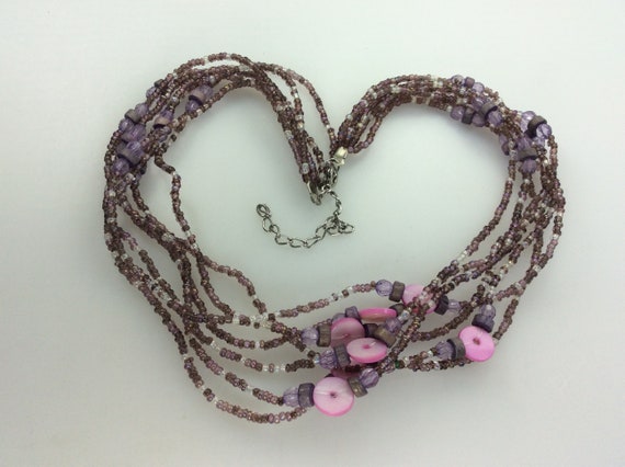 Vintage 15"-18" Necklace Seven Strands With Pink … - image 1