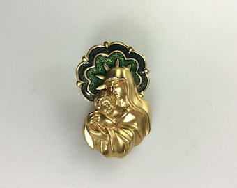 Vintage Avon Pin Brooch Gold Toned Mary And Jesus Design With Green Enamel  Religious Used