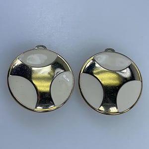 Vintage Clip On Earrings Gold Toned Round With White Enamel Used