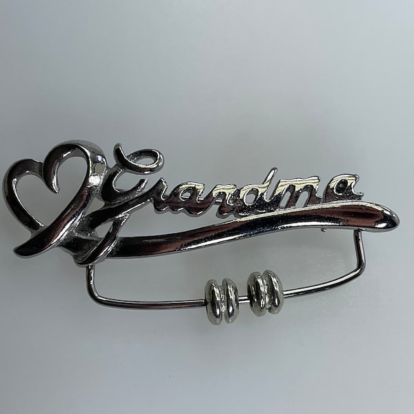 Vintage KIS Pin Brooch Silver Toned Grandma With Heart Used