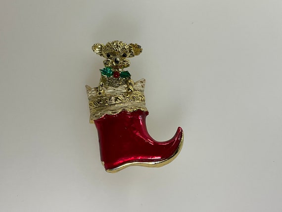 Vintage Pin Brooch Gold Toned Christmas Stocking … - image 1
