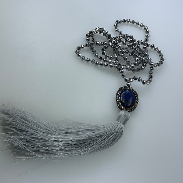 Vintage 31” Necklace Oval With Clear Oxidized Rhinestones Lapis Silver Toned Faceted Beads And Gray String Tassel Used