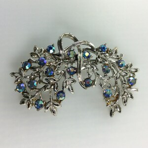 Vintage Pin Brooch Silver Toned Floral Leaves Design With AB Blue Rhinestones Used