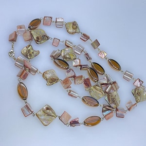 Vintage 48” Necklace Gold Toned With Shell And Glass Beads Brown Gold Used