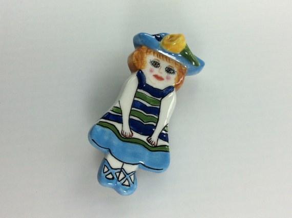 Vintage Sean Paley Pin Brooch Woman In Striped Dr… - image 1