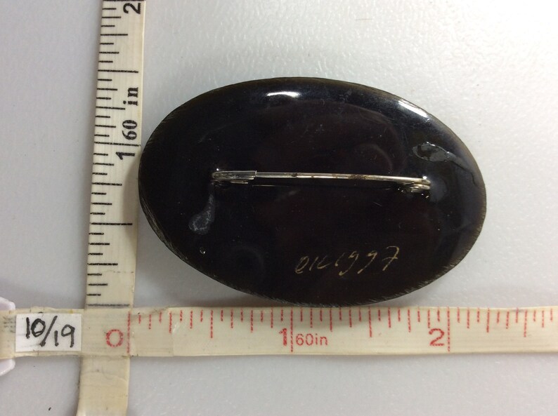Russian Lacquer Oval Hand-Painted Flower Brooch