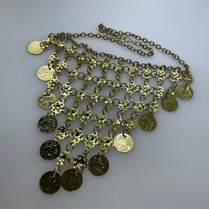 Vintage 17” Necklace Gold Toned V Bib Design With Faux Coins Used