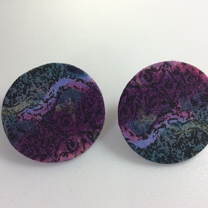 Vintage Clip On Earrings Gold Toned Round With Blue Purple And Green Designed Fabric Used