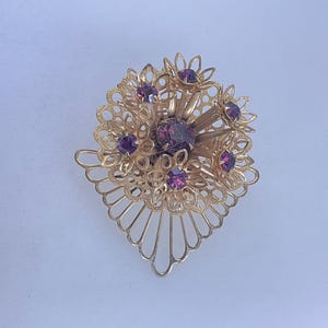 Vintage Pin Brooch Gold Toned Flowers With Purple Rhinestones Used