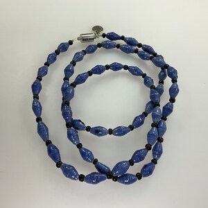 Vintage 30” Necklace With Blue Rolled Paper And Black Beads Used