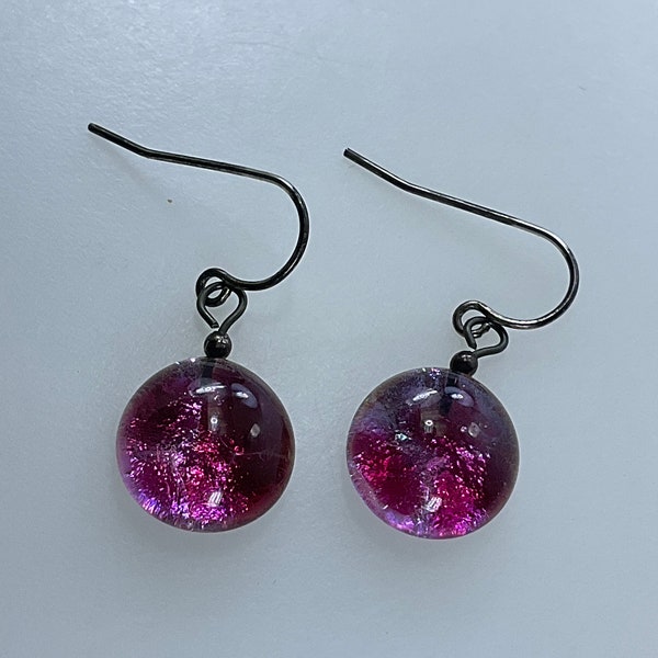 Vintage Dangle Earrings Sterling Silver 925 Round Dichroic Glass Pink Used
