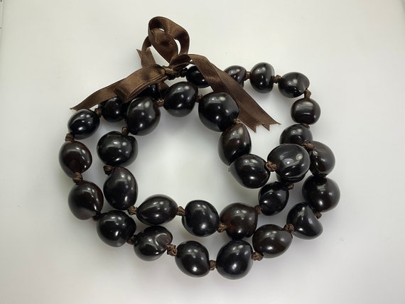 Vintage 34” Necklace With Brown Heart Beads On Br… - image 1