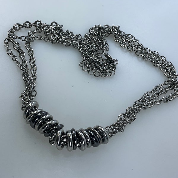 Vintage 16” Necklace 3 Strands Oxidized Silver Toned Chains With Rings Used