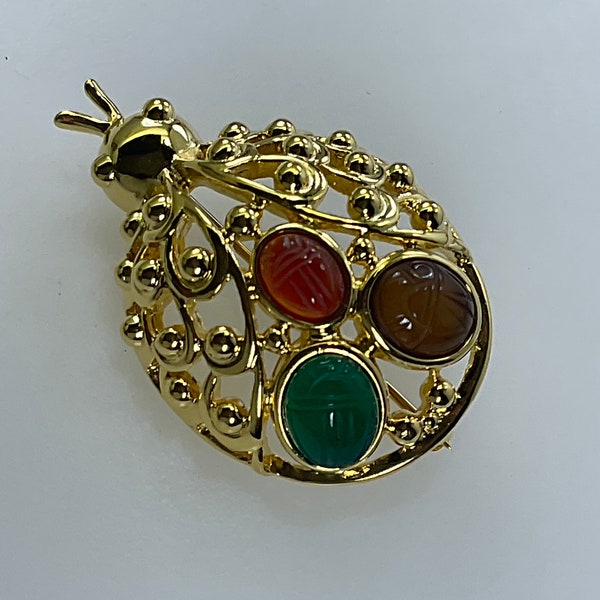 Vintage Pin Brooch Gold Toned Lady Bug With Scarabs Brown Orange And Green Stones Used