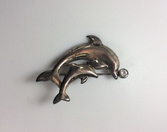 Vintage Pin Brooch Sterling Silver 925 Dolphins With Clear stone Needs Cleaned Used