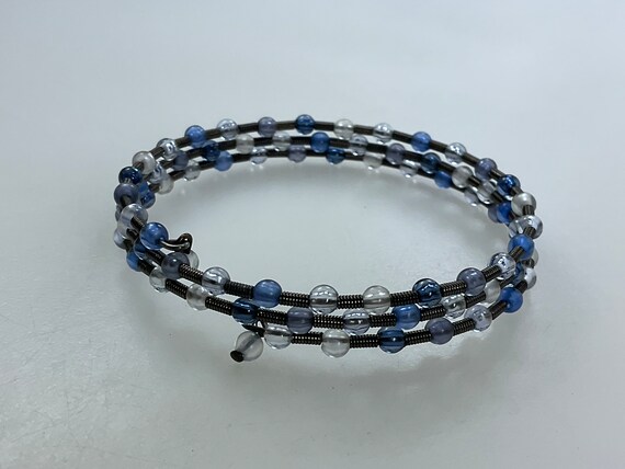 Vintage 8” Bracelet Wired With Clear And Blue Bea… - image 1