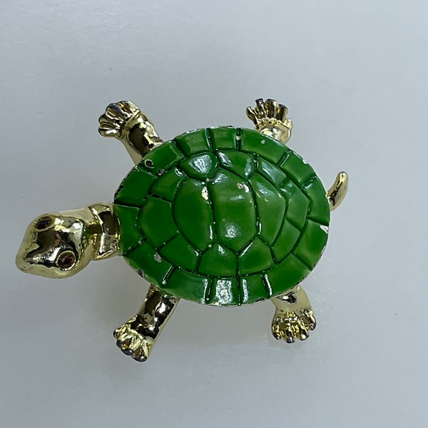 Vintage Pin Brooch Gold Toned Turtle With Red Rhinestones And Green Enamel Some Chipping Used