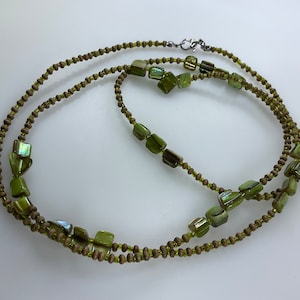 Vintage 41” Necklace With Green Brown And Shell Beads Used