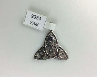 Vintage Pendant Sterling Silver 925 Triangle With Sun Pentacle Stars Crescent Moons Design With Amethyst New Old Stock