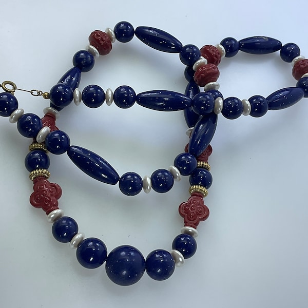 Vintage 30” Necklace With Gold Toned Red White Blue Plastic Beads Used