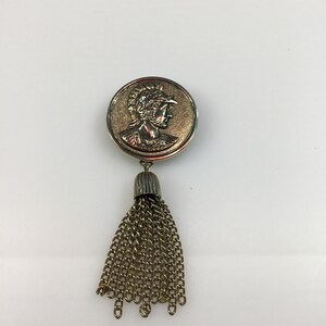 Gold Toned Pin Brooch  Pendant Roman Man With Chain Tassels Used