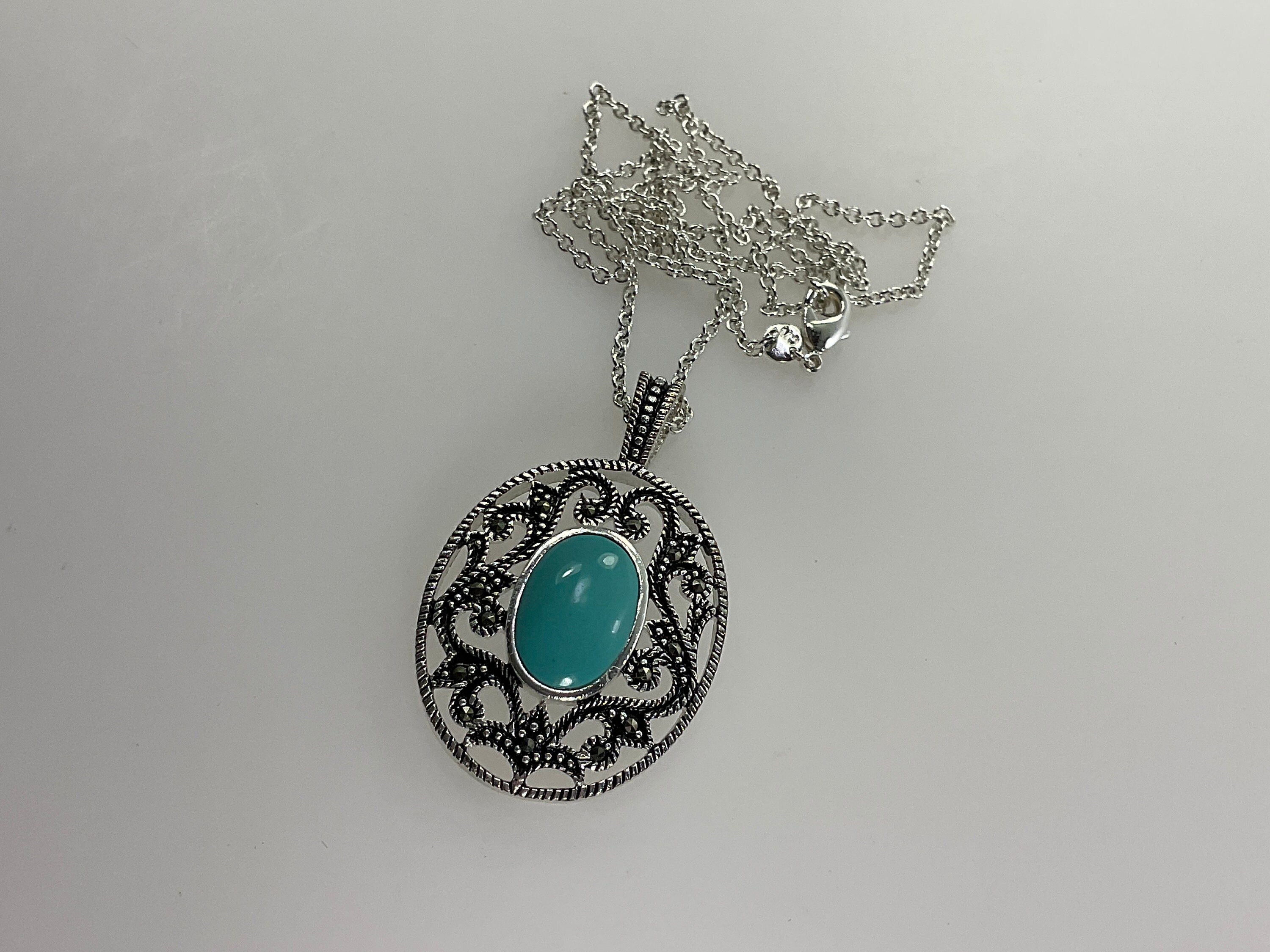 Vintage 18” Necklace Silver Toned Oval With Faux Turquoise And Marcasites Used