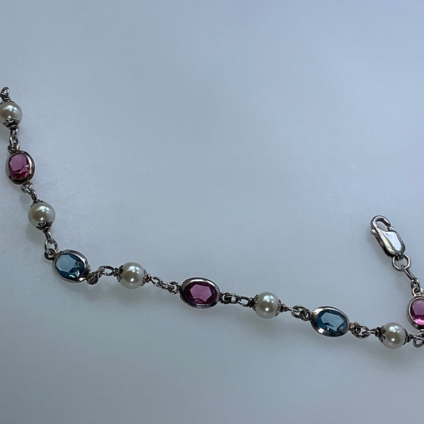 Vintage 7.25” Bracelet Sterling Silver 925 With Oval Pink Blue Stones And Faux Pearl Beads Used