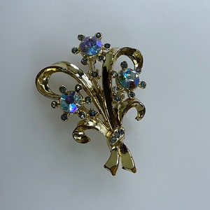 Vintage Pin Brooch Gold Toned Floral With Blue And AB Rhinestones Used