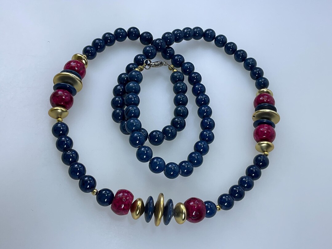 Vintage 26” Necklace With Gold Toned Red and Blue Glass Beads Used - Etsy