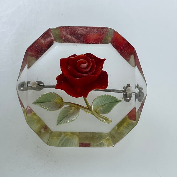 Vintage Pin Brooch Clear Lucite With Red Rose Used