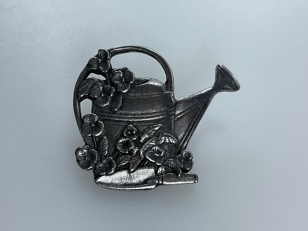 Vintage Birds and Blooms Pin Brooch Pewter Watering Can With Flowers