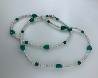 Vintage 28” Necklace With Blue-Green And White Beads Used