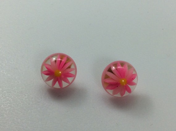 Vintage Post Earrings Clear Round Dome With Pink … - image 1