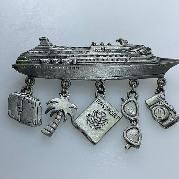 Vintage JJ Pin Brooch Pewter Toned Cruise Ship With Dangles Used