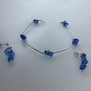 Vintage 7.75” Bracelet Stud Earrings Set Sterling Silver 925 With Blue Glass Chip Beads Used